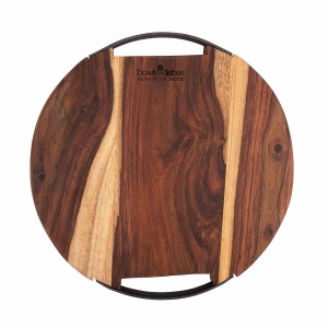 Pure Rose Wood Serveerplank rond 2 metalen handvatten 29 cm