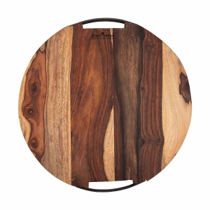 Pure Rose Wood Serveerplank rond 2 metalen handvatten 39 cm